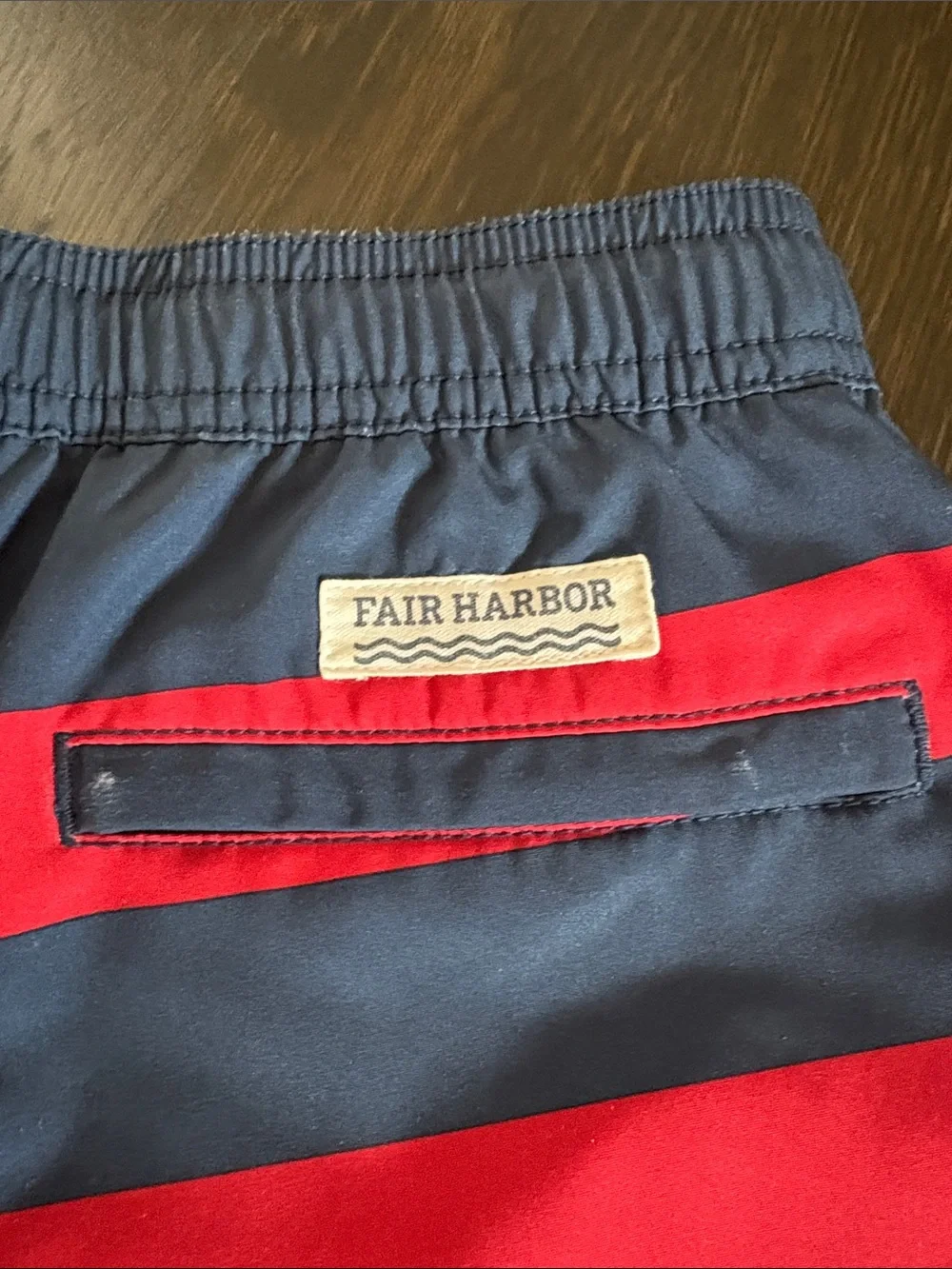 Fair Harbor Navy and Red Striped Kids Swim Trunks